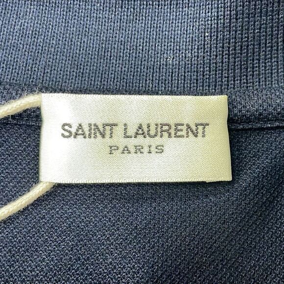 Saint Laurent Cassandre Embroidered-Logo Polo Shirt in Navy Blue Cotton